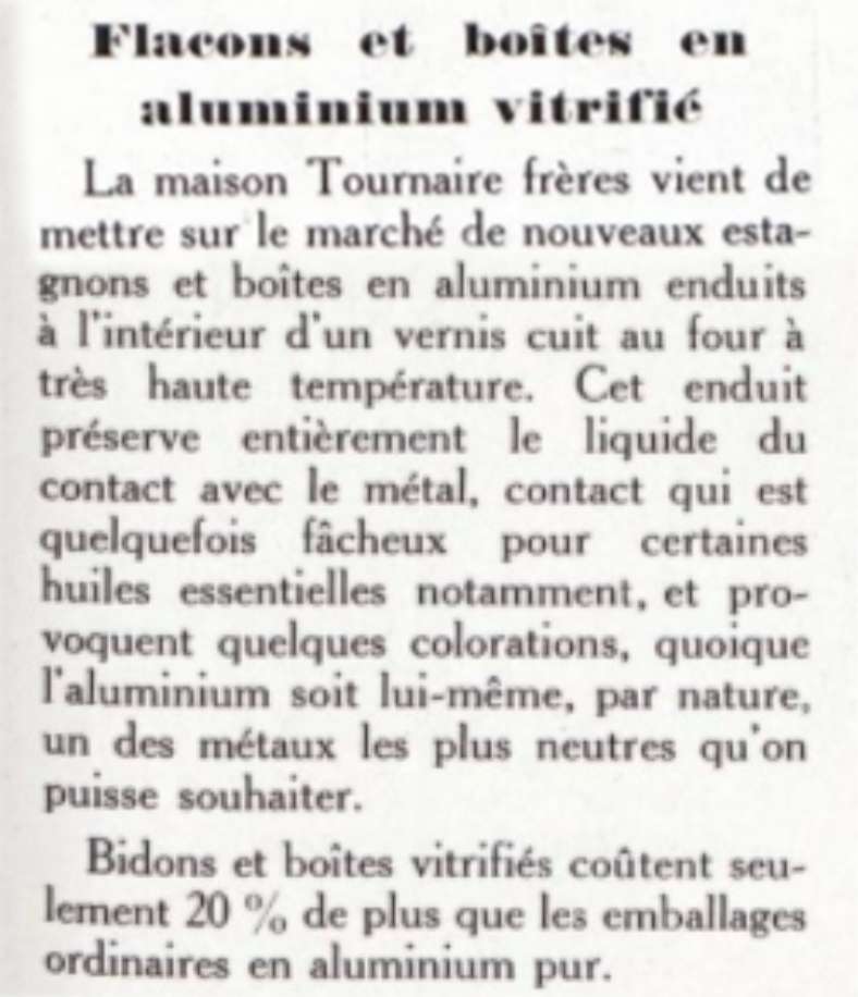 Article journalistique sur les nouveaux emballages aluminium vitrifiés - La Parfumerie Moderne janvier 1930 p.277 et 279